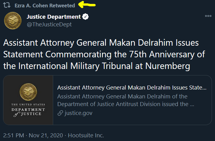AwakenedOutlaw's tweet photo. 👀Look what Erza Cohen-Watnick retweeted today.

Just sayin' but ECW highlighting the commemoration of the Nuremberg Military Tribunals seems kinda pertinent given what's going down currently.

1/3 https://t.co/hcy0v4E4Q5