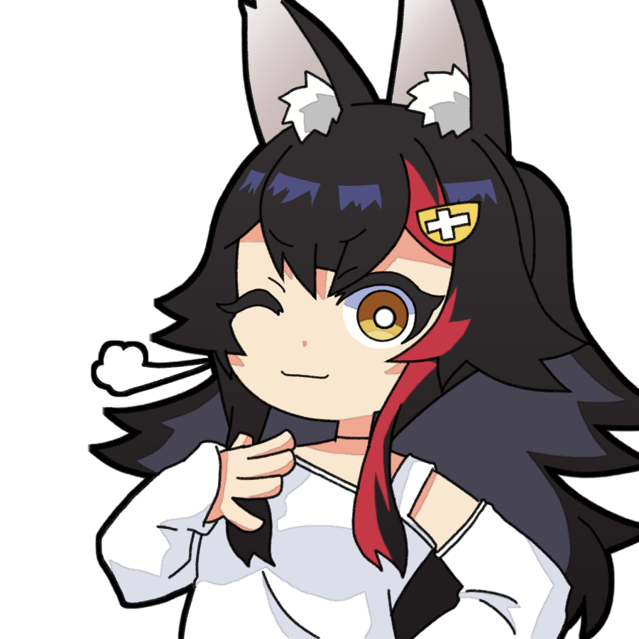 ookami mio 1girl animal ears solo wolf ears one eye closed black hair red hair  illustration images