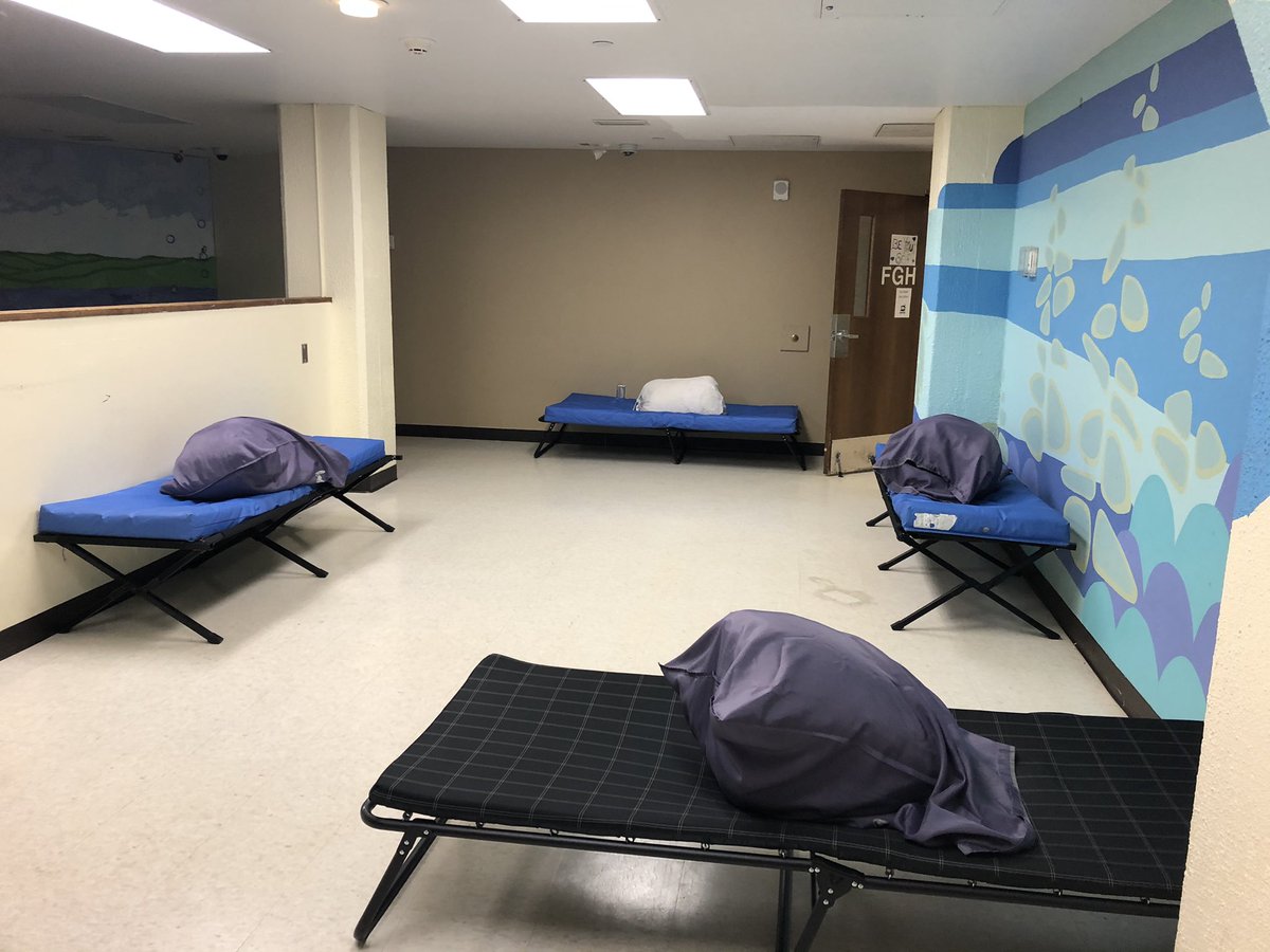 At Safe Space seasonal/winter shelter in downtown STP there’s a room for women, overflow room for women, room for men and overflow room for men. Each room has basic ventilation, sleeping pads are spaced out as able b/c of COVID. Here’s women’s main room