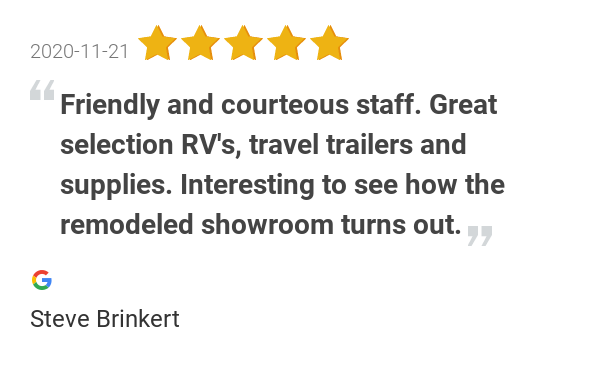 New 5.0-star Review: "Friendly and courteous staff. Great selection RV's, travel trailers and supplies....