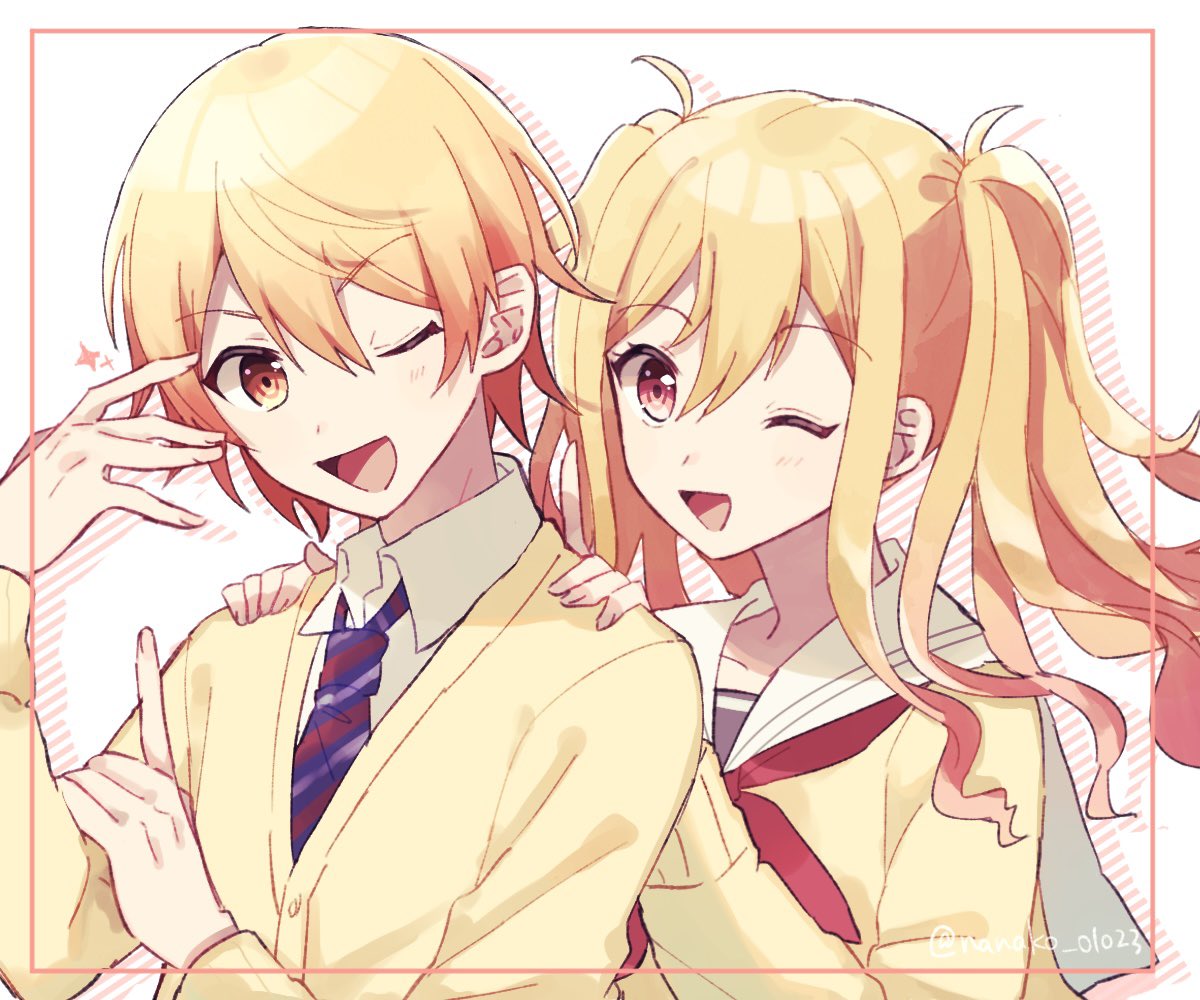 1girl one eye closed 1boy twintails school uniform necktie yellow cardigan  illustration images