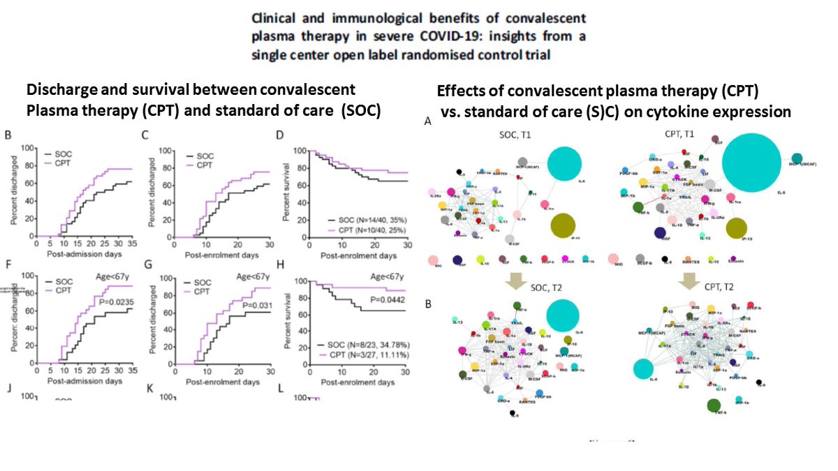 ACasadevall1's tweet photo. Randomized controlled trial from India associates convalescent plasma therapy (CPT) in COVID-19 with reduced mortality in patients < 67 yo.  CPT quells cytokine storm suggesting mechanism for clinical effect.
@DrMJoyner @CarlosdelRio7 
https://t.co/rpPDzXUknX https://t.co/eUF36F2QHT
