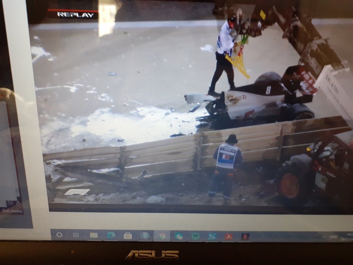 AoifeKxx's tweet photo. Jesus h christ how did Grosjean walk away from this?  Halo or no halo the car was ripped in half #f1 #formula1bahrain https://t.co/GeKRHgaTsM