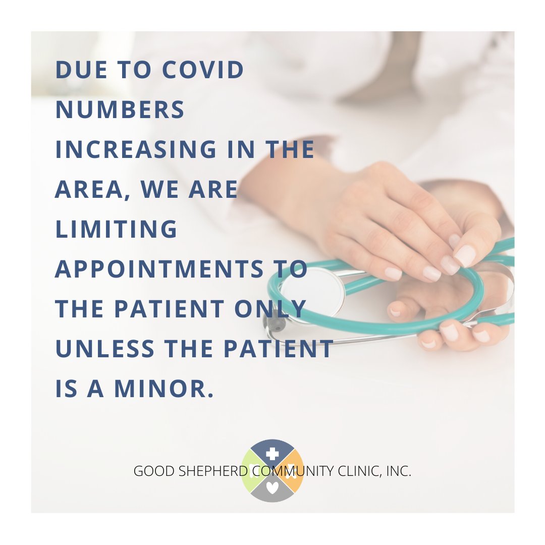 gsccwellness's tweet photo. Due to the increasing number of COVID-19 cases, we are limiting appointments to the patient only unless the patient is a minor.

Debido al número creciente de casos de COVID-19, estamos limitando las citas al paciente solo a menos que el paciente sea menor de edad. https://t.co/VJ6DzG5s1z