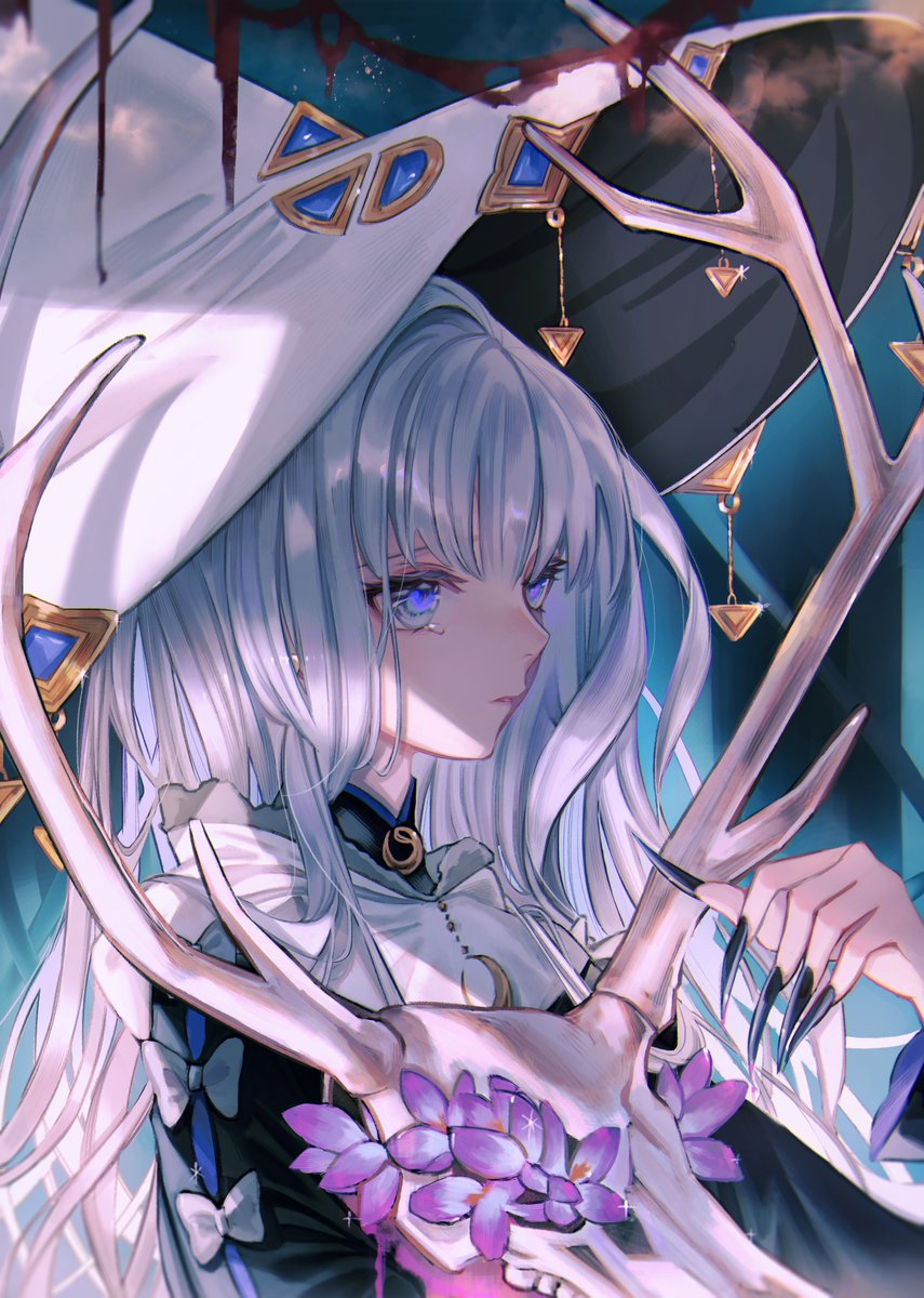 1girl hat witch hat solo flower long hair blue eyes  illustration images