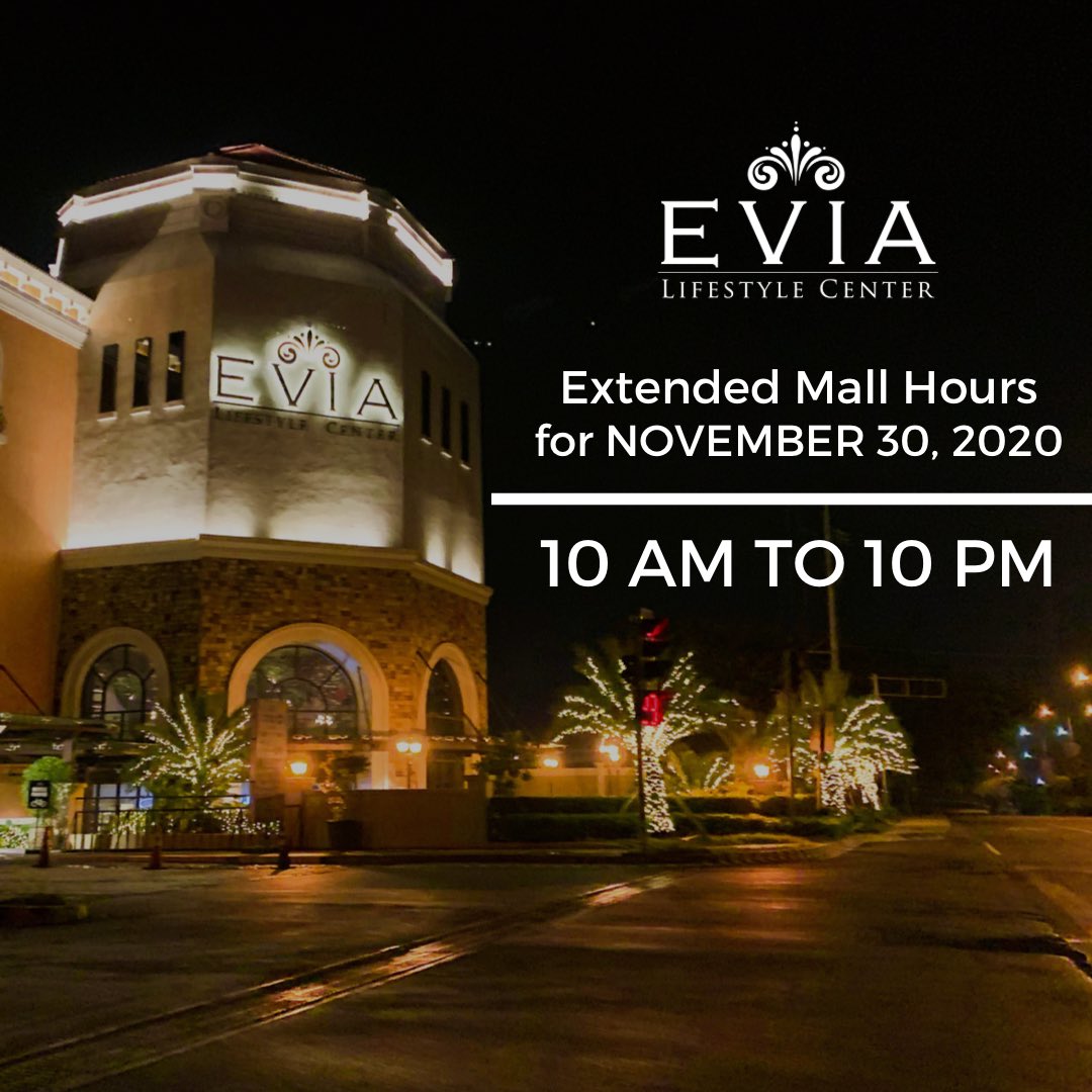 evialifestyle's tweet photo. Great news for you! We've extended our mall hours for tomorrow, November 30, for you to spend time with your family and friends here at #EviaLifestyleCenter!
Please continue to observe social distancing and follow mall safety protocols as we continue to #NavigateTheNewNormal. https://t.co/MCCxLVVzuP