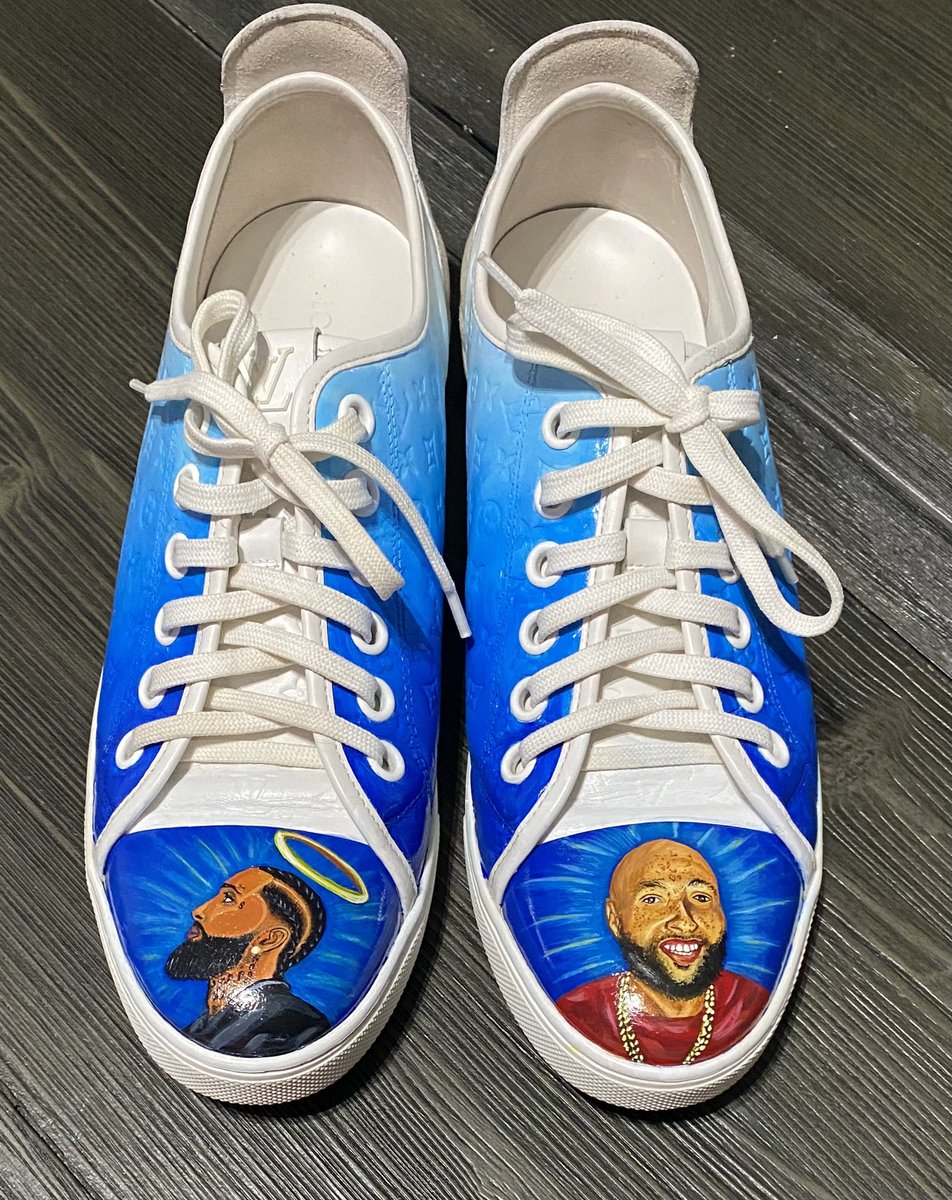 SoColdNelson's tweet photo. Originally these @LouisVuitton shoes were supposed to just have @NipseyHussle on them but a few weeks ago my cousin Byrd passed away so I felt it was only right to put him on one. #SoCold #SoColdThePainter #SoColdTheArtist #SoColdEverything #RIPByrd #RIPNip https://t.co/UeFxpEJe3k