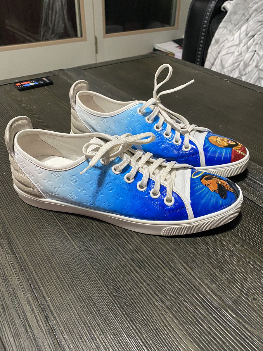 SoColdNelson's tweet photo. Originally these @LouisVuitton shoes were supposed to just have @NipseyHussle on them but a few weeks ago my cousin Byrd passed away so I felt it was only right to put him on one. #SoCold #SoColdThePainter #SoColdTheArtist #SoColdEverything #RIPByrd #RIPNip https://t.co/UeFxpEJe3k