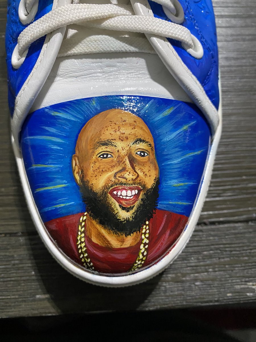SoColdNelson's tweet photo. Originally these @LouisVuitton shoes were supposed to just have @NipseyHussle on them but a few weeks ago my cousin Byrd passed away so I felt it was only right to put him on one. #SoCold #SoColdThePainter #SoColdTheArtist #SoColdEverything #RIPByrd #RIPNip https://t.co/UeFxpEJe3k