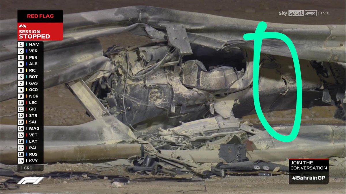 SwenZalm's tweet photo. Monocoque is broken as well. #f1 #rogro #f1bahrein #grosjean https://t.co/8pV6Vy7k37