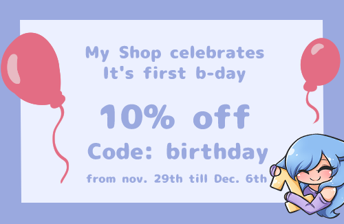 Gimmehug's tweet photo. [ RT's appreciated]

Haii guys!
I'm excited to announce that my shop is turning 1 year old 🥺 ✨
Time to spoil everyone with some 10% off! 🥰

I've put a lot of effort into it and I'm super happy with where it's at right now! Thank you so much for all of the support this year! https://t.co/bdVoitAqjX