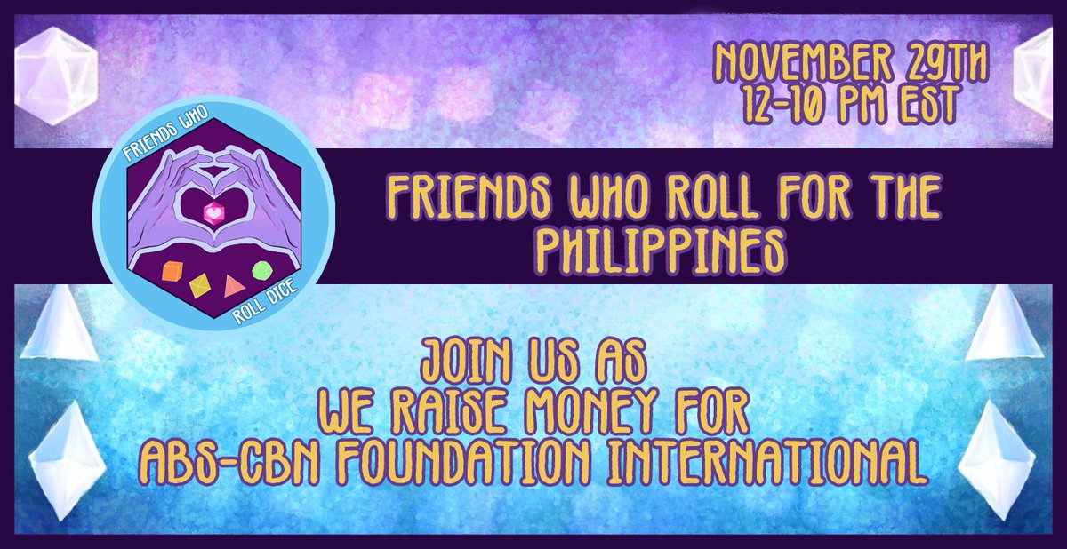 Today’s the day!

Join us from 12-10pm EST as we raise money for <a href="/ABSCBNFI/">ABS-CBN Foundation International (AFI)</a> to help aid the disaster relief efforts in the Philippines! We’ll be playing some hilarious and fun oneshots, all for a good cause! So, come by! Donate! Spread the word!

Let’s #RollForPH! <a href="/WeAreTiltify/">WeAreTiltify</a>