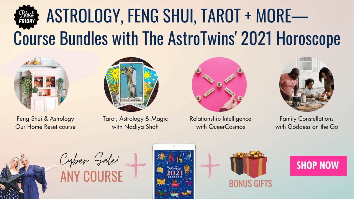 astrotwins's tweet photo. Tarot, Feng Shui, conscious relationships! We teamed up with @nadiyashah #queercosmos @goddessonthego1 @fengshuikate to bundle our 2021 Horoscope book with their signature courses for a special Black Friday weekend price. Come explore! https://t.co/JUKZTab09y https://t.co/6lpZWxUcqC