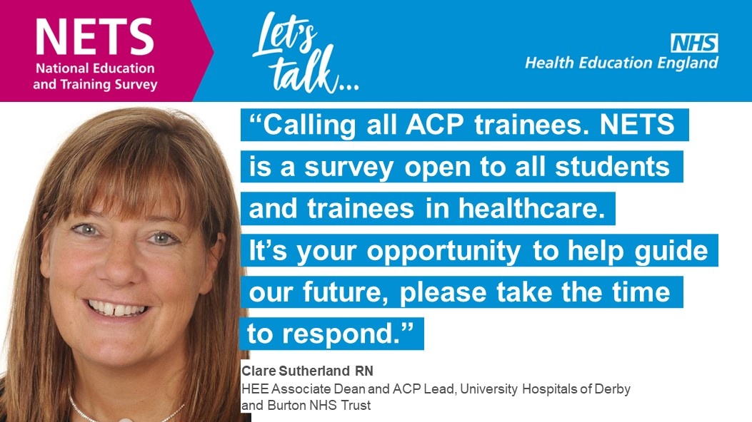 NHS England Workforce, Training and Education (@nhse_wte) on Twitter photo 📣Calling all ACP trainees who are on placement or have been recently- we want to hear from you! 💬
The NETS closes tomorrow - there is still time to complete it! Do it now👉🏽 orlo.uk/QnMjs
#HEENETS #Placements #ACP #AdvancedClinicalPractitioners
<a href="/UHDBTrust/">University Hospitals of Derby and Burton NHS FT</a> 📣Calling all ACP trainees who are on placement or have been recently- we want to hear from you! 💬
The NETS closes tomorrow - there is still time to complete it! Do it now👉🏽 orlo.uk/QnMjs
#HEENETS #Placements #ACP #AdvancedClinicalPractitioners
<a href="/UHDBTrust/">University Hospitals of Derby and Burton NHS FT</a>