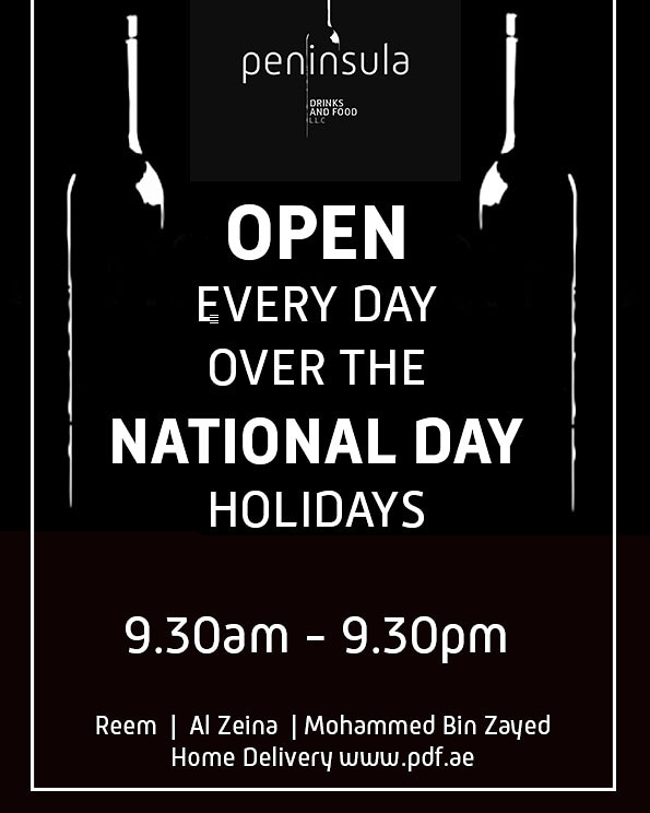 doubleaccount23's tweet photo. We are open during the festive season, great deals  in store and online visit us on https://t.co/1wjjFpUZxw and beat the queue 😃.  

#peninsulalzeina #peninsulaldrinks #peninsulareem #peninsulambz #alrahabeach #alzeina #abudhabi #reemisland #mbz #nationalday https://t.co/jzlWQVIEco