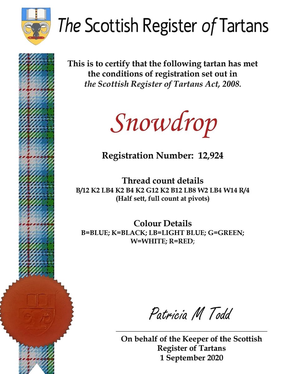 The Snowdrop tartan has been officially recorded into the Scottish Tartans register and shown is our virtual certificate. 15% of all proceeds going to <a href="/strathcarron1/">Strathcarron Hospice</a>