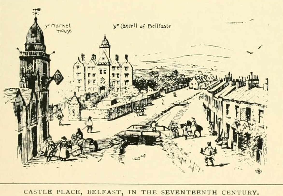 Belfastpast's tweet photo. Map of Belfast around 1660 - the image shows Belfast Castle located at Castle Place and the building on the left (Town Hall) is where Dunnes Stores sits today. The river Farset (now covered over)stretches from the Lagan at the top of High Street and continues on past Castle Place https://t.co/SUvmivzu5p