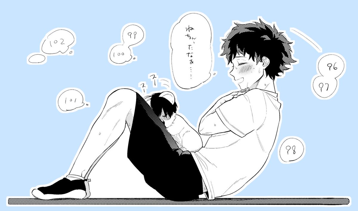 随分前にマロでリクエストいただいてたんですが原稿してて描けず、今更ですが描かせていただきました😳筋トレしてる🥦くんとコア🍰くん 