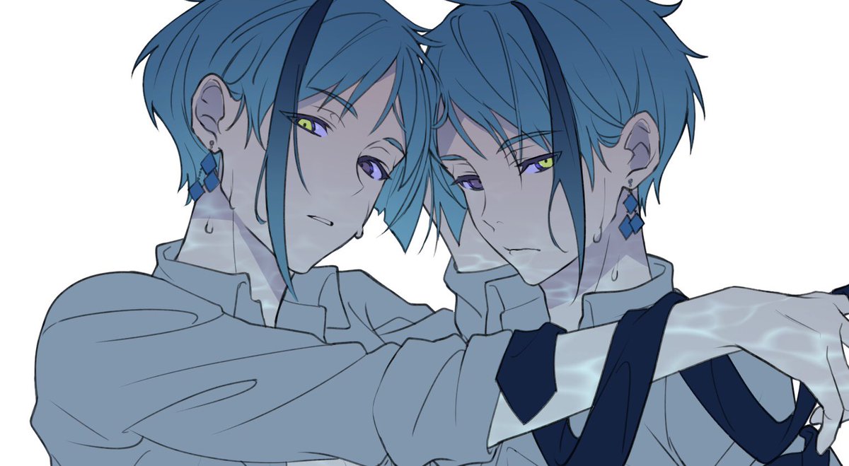 heterochromia streaked hair multiple boys male focus jewelry earrings siblings  illustration images