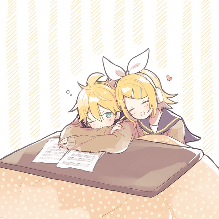 kagamine len ,kagamine rin 1girl blonde hair 1boy table hairclip kotatsu hair bow  illustration images