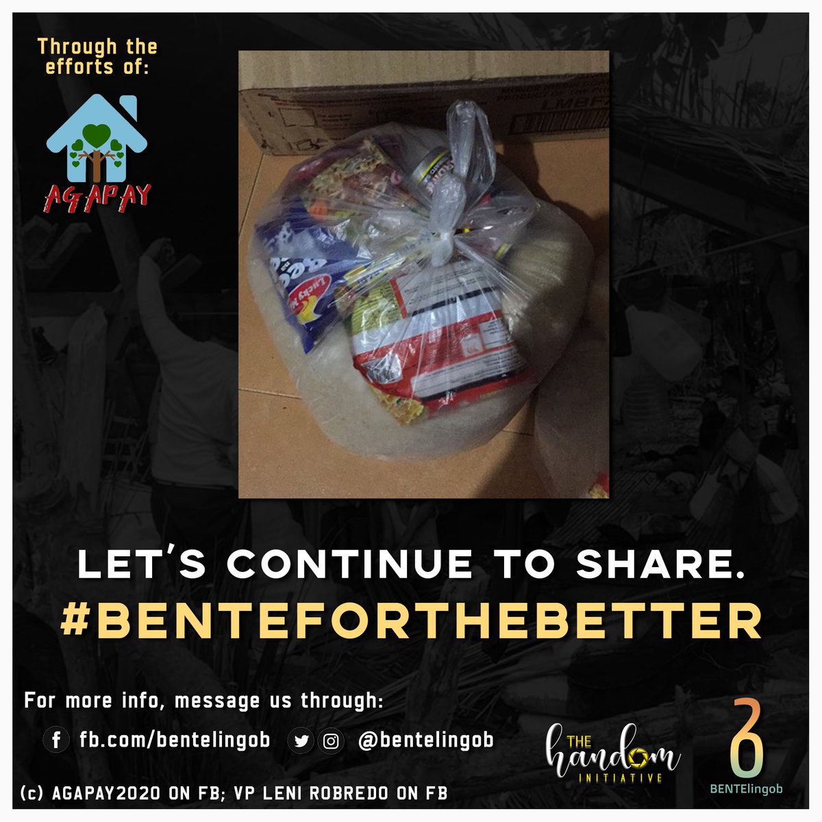 bentelingob's tweet photo. Through the efforts of Agapay, P5,000 pesos worth of in-kind donations are given to 96 families in Barangay Punta Tarawal, Calabanga, Camarines Sur.

We would like to thank our official partners, the donors, and Agapay for working hand-in-hand to make this drive possible. https://t.co/Lxw0nfj1QB