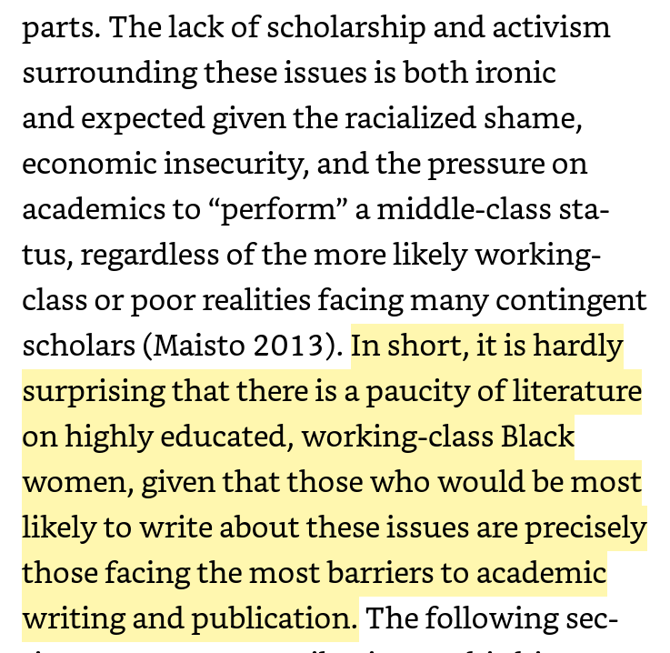Screenshot of book reads "The lack of scholarship and activism surrounding these issues is both ironic and expected given the racialized shame, economic insecurity, and the pressure on academics to “perform” a middle-class status, regardless of the more likely working-class or poor realities facing many contingent scholars (Maisto 2013). In short, it is hardly surprising that there is a paucity of literature on highly educated, working-class Black women, given that those who would be most likely to write about these issues are precisely those facing the most barriers to academic writing and publication."