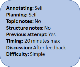 This is now a bigger jump with no notes allowed and timing being reduced. They will look at any targets from previous attempts as a prompt of what they must do this time.The plan will be for them to discuss their work once I've given feedback on their work.