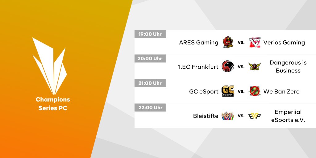 PLAYDAY! Die R6S Champions Series [PC] geht heute wieder ab 19:00 Uhr auf twitch.tv/germancommunit… an den Start!
🏅🏅🏅
@veriosGaming <a href="/1ECFrankfurt/">1. Esport Club Frankfurt e.V.</a> <a href="/Emperiial/">Emperiial eSports e.V.🇩🇪</a> <a href="/AresGamingDE/">Ares Gaming</a> <a href="/Bleistifte1/">Bleistifte</a> <a href="/GameCatering/">GameCatering Media UG</a> @DiBGermany #webanzero
powered by @DiBGermany &amp; <a href="/r6team_platform/">r6team</a>