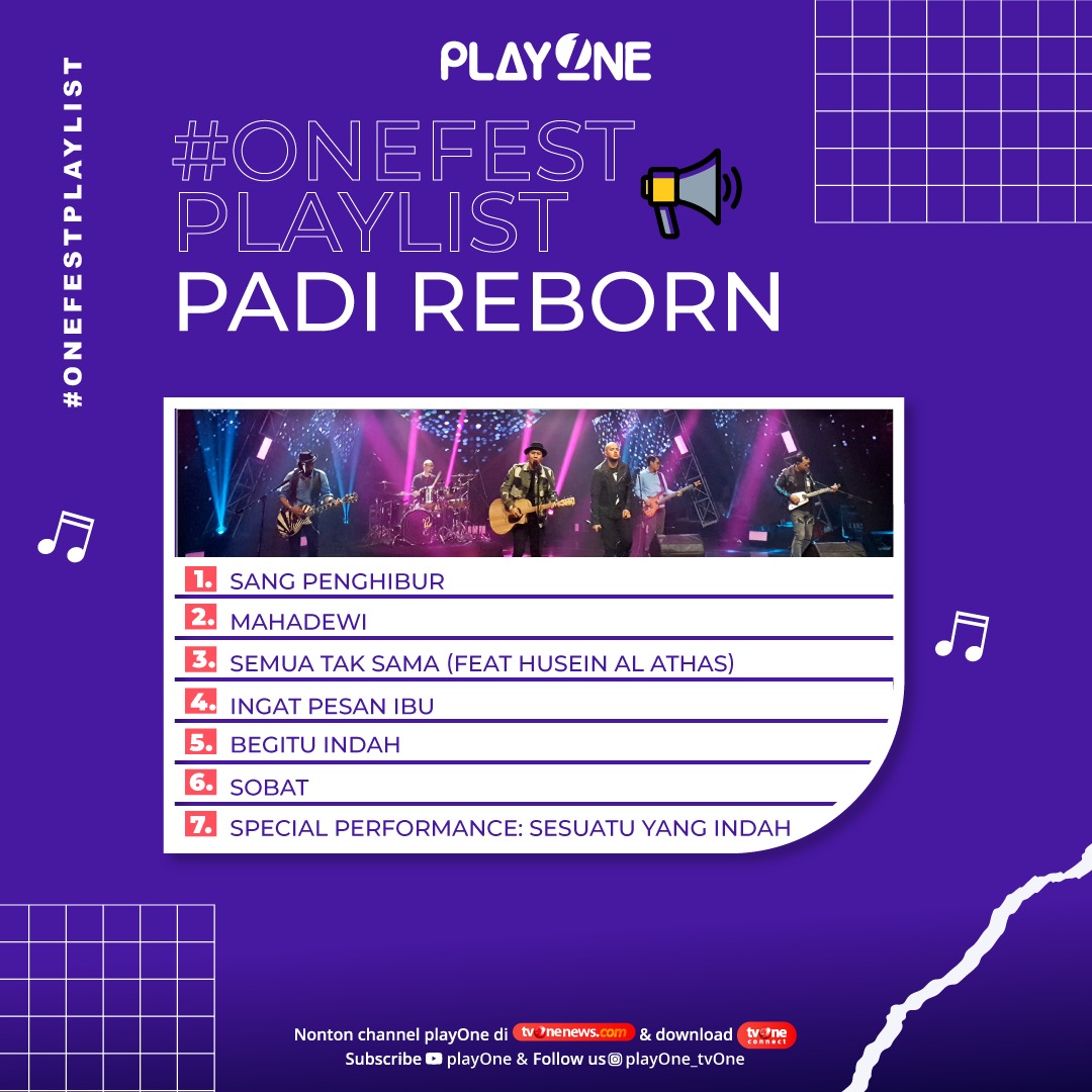 tvOneNews's tweet photo. Sobat playOne, diantara #OneFestplaylist Padi Reborn ini mana penampilan favoritmu nih?? Yuk, tulis di kolom komentar!! Saksikan penampilan Padi Reborn &amp; Husein Al Athas dalam One Fest di channel playOne >> https://t.co/txXyGXxaDs #playOne #OneFestPlaylist  #OneFestPadiReborn https://t.co/SpSFpXQkIj