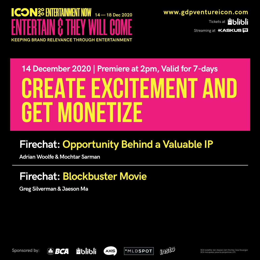 gdpventure's tweet photo. Check out the official schedule of ICON 2020 - Entertainment Now

For more info check 
https://t.co/BSnRApulNF

This event supported by 
#BCA #Blibli.com #AXIS #MLDSPOT #INSTO

#ICON2020 #GDPVentureICON2020 #gdpventureicon #gdpicon2020 #EntertainmentNow https://t.co/1qhdPZkQOu