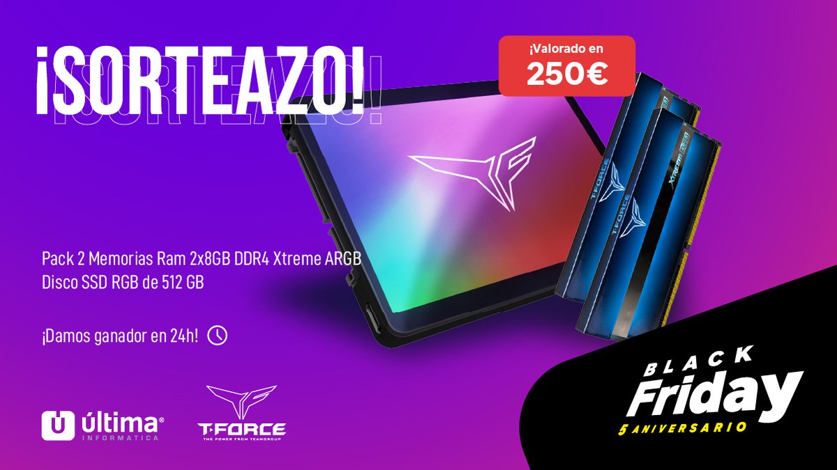 Ultima_Oficial's tweet photo. ⏰ ¡SORTEAZO 24h! ⏰

📀¡Un SSD RGB de 512 GB y 16 GB de Ram ARGB T-Force! 🚀

🔥 Sigue a @Ultima_Oficial y @teamgroupinces 
⚡️ Menciona 3 amigos con #BlackFridayUltimaInformatica
🔃 RT a este Tweet

🏆 Ganador mañana a las 12:00h (hora canaria)

👉 +info https://t.co/41smzpfTl0 https://t.co/OlOKk4oYua