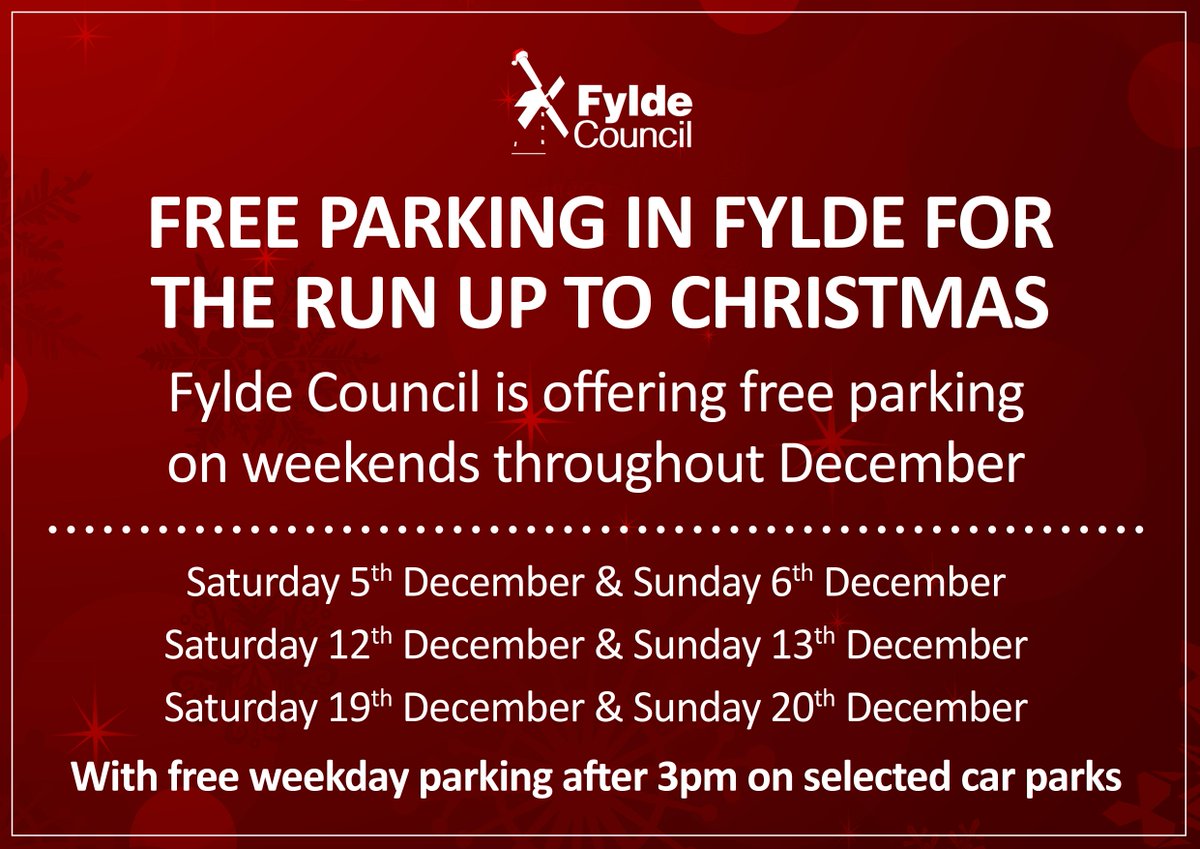 fyldecouncil's tweet photo. 🚘 We're offering weekend FREE parking on ALL of our car parks from Wednesday 2 December, and free parking on St Annes Square, Wood St and Pleasant St car parks after 3pm, every weekday until the 24 December 🤯

Visit https://t.co/ISM9WK0WdZ for a full list of our car parks. https://t.co/810LJOqak7