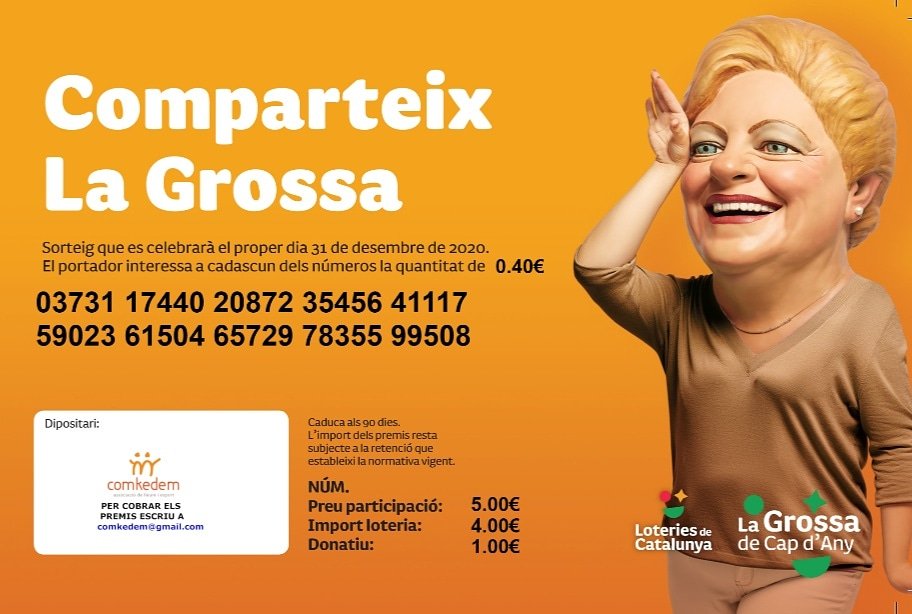 Aquest any, com l'any passat Comkedem juga a la grossa! Si vols loteria no dubtis a posar-te en contacte amb nosaltres. La participació són 5€, un és de donatiu per l'entitat i juguem a 10 números!
