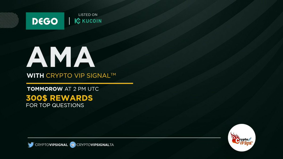 Crypto VIP Signal™ will host AMA with <a href="/dego_finance/">DEGO</a> on 30th Nov .
Top 4 Best questions gets 300$ reward
Submit question Now and Follow Rules:-
# Like,retweet &amp; tag 2 friends
# follow @crptoVIPsignal &amp; <a href="/dego_finance/">DEGO</a>
#Join-  T.me/CryptoVIPSigna…

#AMA 
<a href="/coinkit_/">CoinKit</a> mon 1 400 $DGB