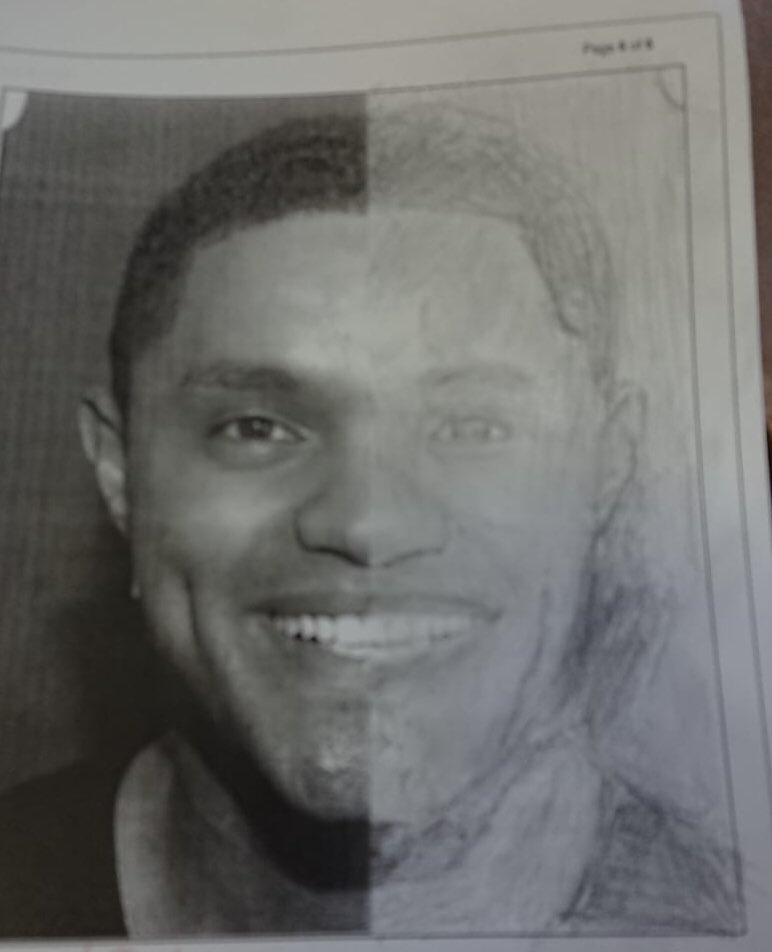 marijkedav's tweet photo. ⁦@Trevornoah⁩ A bunch of Gr 8’s had to draw the other side of your face for their year end art exam. Here is my son’s version of your other half - not too shabby! ❤️ https://t.co/o75tXjBW4a