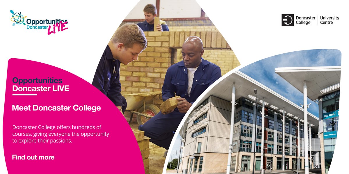 OpportunitiesDN's tweet photo. Doncaster College offers hundreds of courses, including apprenticeships, higher education, work-based training and more.
They will be at #DoncasterLIVE next March, sharing their advice & showcasing the endless opportunities accessible to you:
https://t.co/HiVW87rKPV https://t.co/0yDa0Y32bm