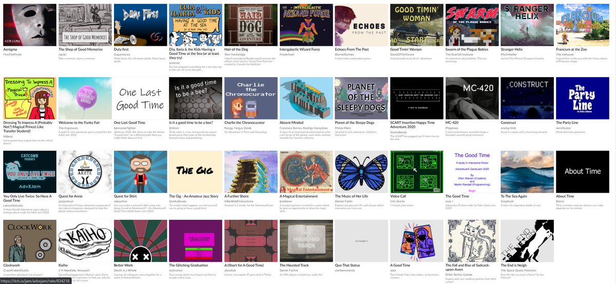 AdvXConf's tweet photo. Over 40 brand new narrative games are waiting for you courtesy of #AdvXJam. The theme was "A Good Time". We're going to be playing and tweeting about them over the next weeks, but you can check them all out now:

https://t.co/C3Sqwa000b https://t.co/sfKF5uwvSJ