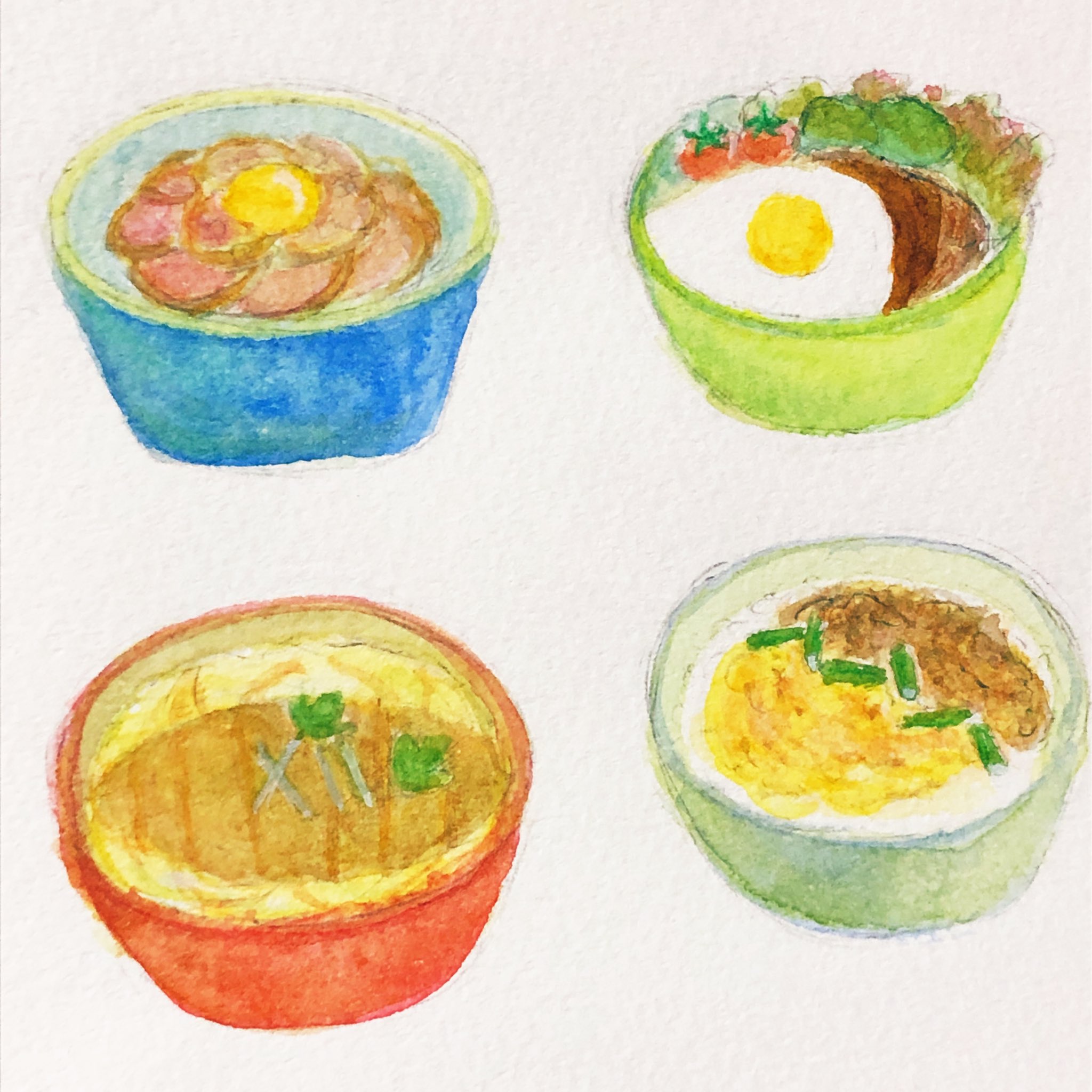 すずねこ 食べ物イラスト3 どんぶり いい肉の日なのでローストビーフ丼 ロコモコ カツ丼 2食丼とまとめて ご飯系はかなり練習が必要だ難しい いい肉の日 イラスト 水彩イラスト 食べ物イラスト T Co Wqefxuecrw Twitter