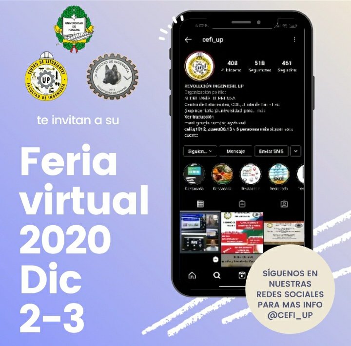 CefiUp's tweet photo. 2 Y 3 DE DICIEMBRE,   FERIA VIRTUAL UNIVERSITARIA - FACULTAD DE INGENIERÍA, UNIVERSIDAD DE PANAMÁ.
@eflorescastro @semanario7 @eliaslopezgeo @UNIVERSIDAD_PMA @upingeniera1 @Cesar_OsorioV @AsuntosEst @MayaninRod @MeducaPma @MarujaGordaydeV https://t.co/JqGK0Tdstu