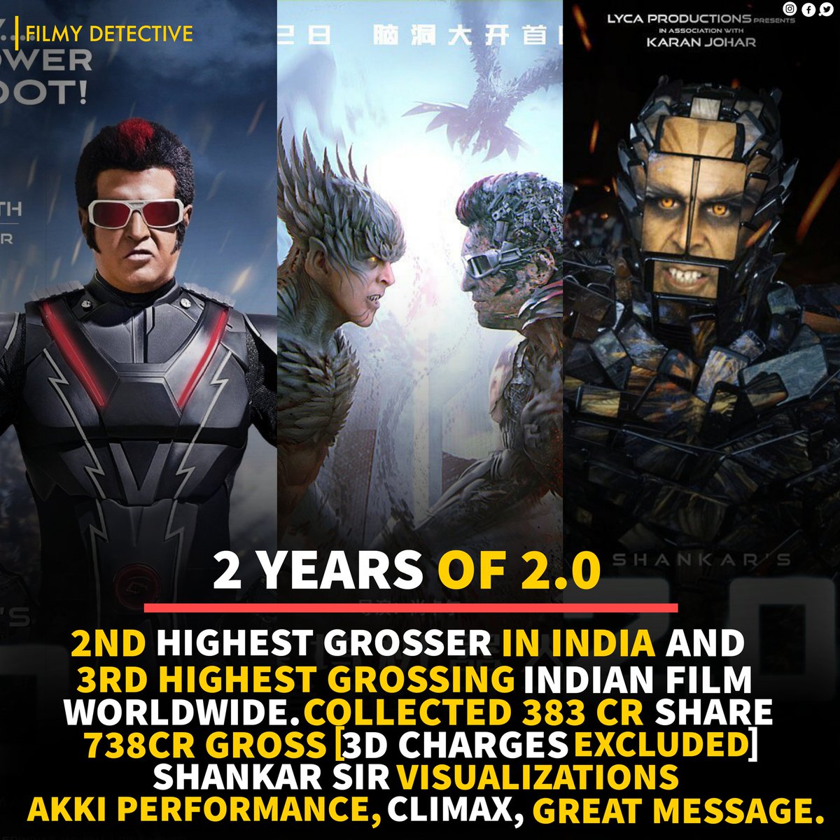 Filmydetective1's tweet photo. One of the biggest movie from india,
Budget-500cr,
Total collection - 800cr #2yearsof2point0 https://t.co/9AZFfLmohy