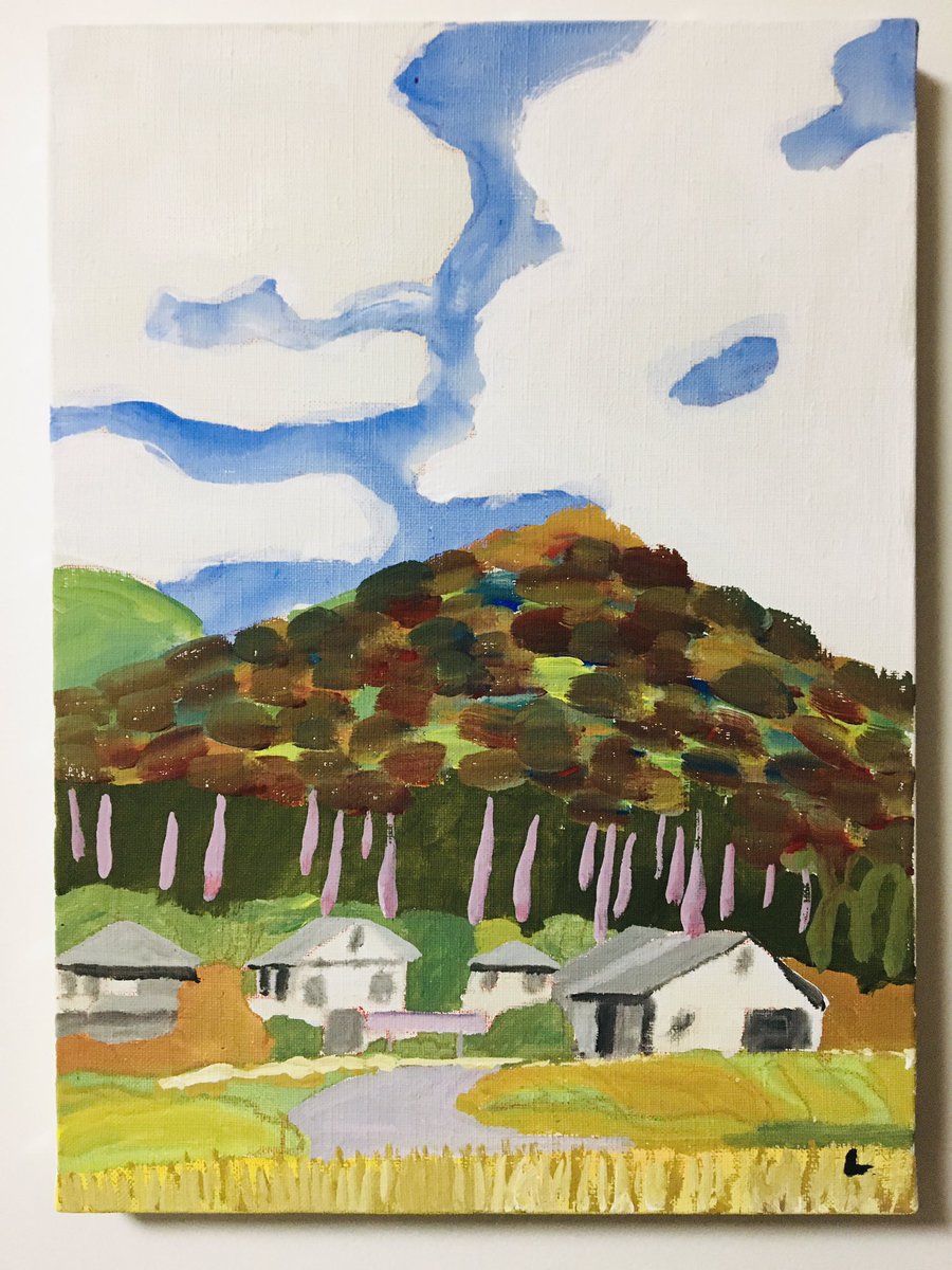 Lioncider 紅葉染まる 秋の山 秋の山 Illustration Drawing Autumn Mountain Town Landscape Autumnleaves Cloud Image Art Colorful Acrylicpaint Picture Painting イラスト アート カラフル アクリルガッシュ 絵