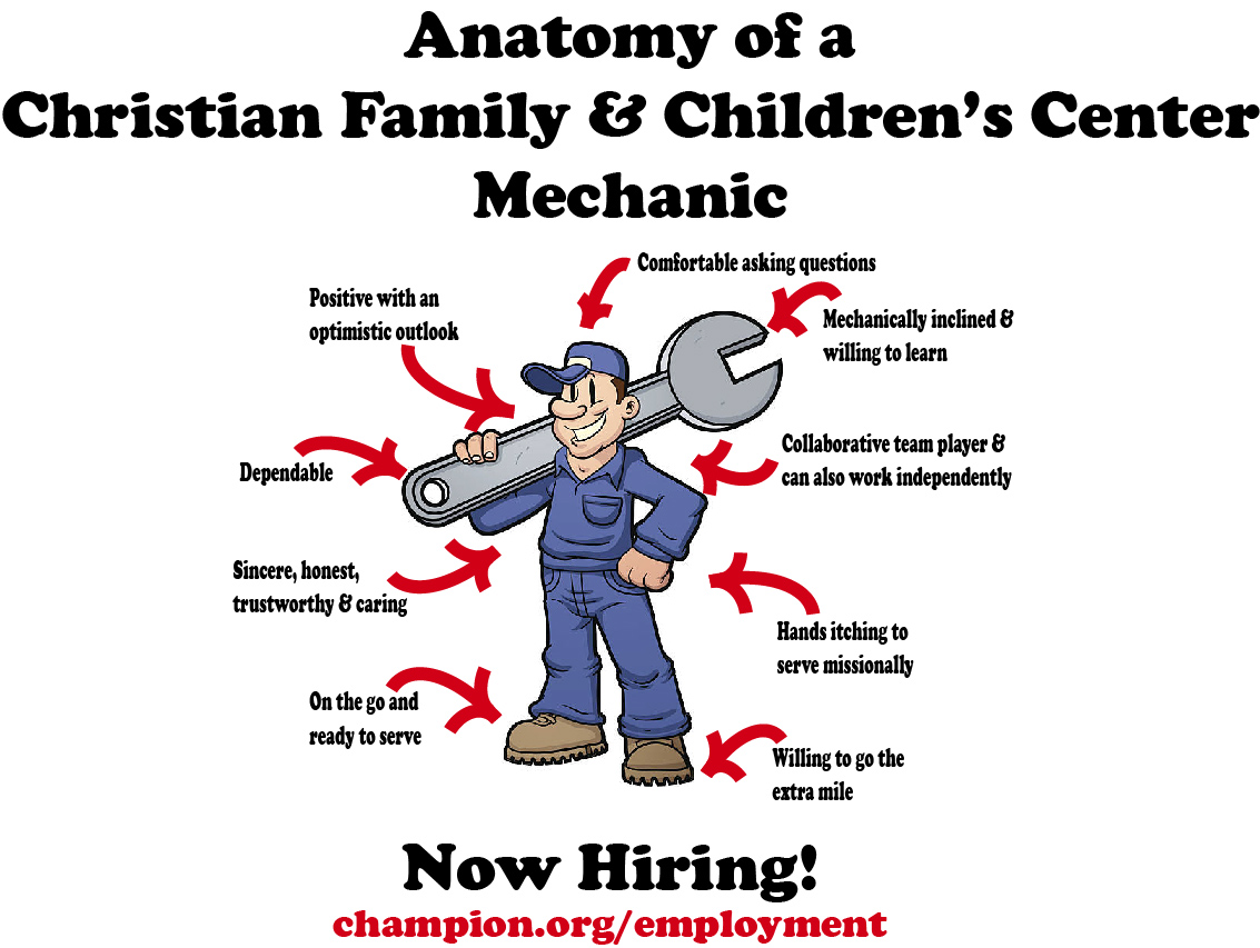 ICVCFCC's tweet photo. The Center is looking for a part-time mechanic.  Looking for someone with basic skills in maintaining and repairing vehicles, an ability to integrate Christian principles into the workplace, and a strong work ethic.   More information at https://t.co/9UMYg0NOEt. https://t.co/cpqSk1CwYI