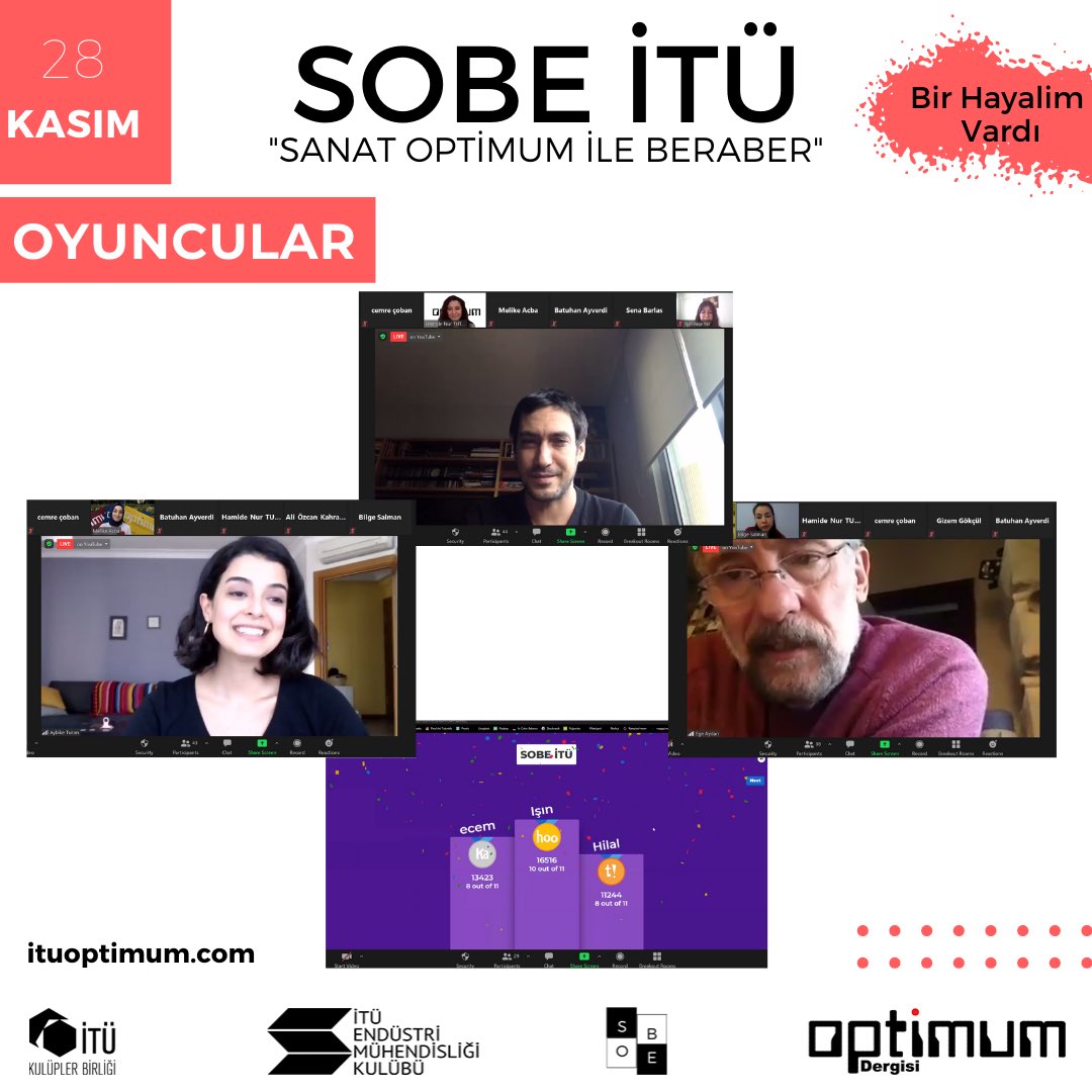 ituemkoptimum's tweet photo. İTÜ EMK Optimum Dergisi olarak düzenlediğimiz SOBE İTÜ etkinliğimizin Oyuncular oturumunu Aybike Turan, Berk Hakman ve Ege Aydan ile gerçekleştirdik.🤩Bize kendi deneyimlerini aktaran ve sorularımızı cevaplayan konuklarımıza ve siz değerli katılımcılarımıza çok teşekkür ederiz.🤍 https://t.co/Diq4ydziGC