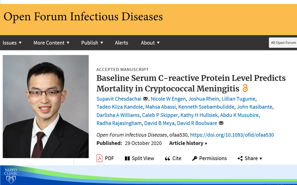 MayoClinicINFD's tweet image. #ScholarlySunday features the work of Dr. Mac @S_Chesdachai on the prognostic role of CRP in #Cryptococcus meningitis in HIV pts 

His work was done during U of MN residency, and we look forward to his continued scholarly pursuits at #MayoIDFellowship

doi.org/10.1093/ofid/o…