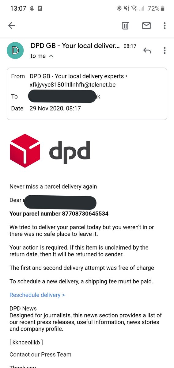 richardriddell's tweet photo. @dpd_support nearly got caught out with this one especially when I'm waiting on deliveries #dpdscam #scam #dpd #phishing https://t.co/oRPmDRn2xA