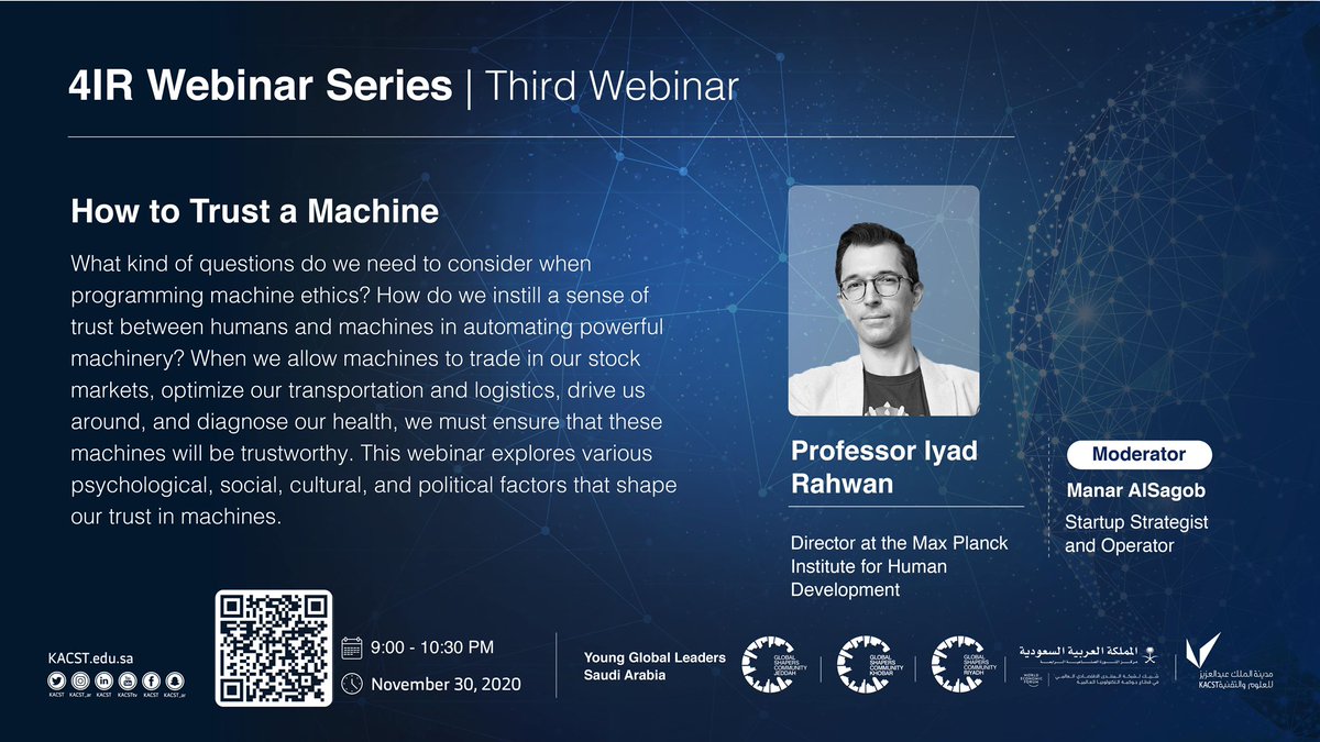 JeddahHub's tweet photo. The session answers fundamental questions on programming machine ethics. Join us to learn how to build trust between humans and machines in the third meeting in the #FourthIndustrialRevolution series. To register: https://t.co/6jR9KXOlwb https://t.co/IfWoRQuS74