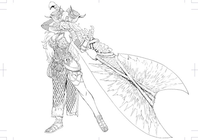 #線画と塗った後を見せてください  #モンハンワールド  #MHWI #マムタロト 前に線画UPしたモンハンのマムタロト装備ネルギガンテ大剣のカラーです。後日ホラーナイト装備のほうもUPして行きます 