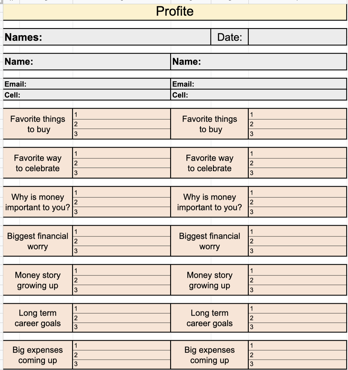 2/ Profile PageThese are the exact sheets that I& #39;ve used to help friends/family get their finances in orderFirst is the profile page, where I get answers to some of the most important money questionsPersonal finance is PERSONAL, so it& #39;s important to know the answers