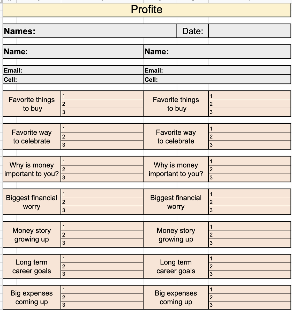 2/ Profile PageThese are the exact sheets that I've used to help friends/family get their finances in orderFirst is the profile page, where I get answers to some of the most important money questionsPersonal finance is PERSONAL, so it's important to know the answers