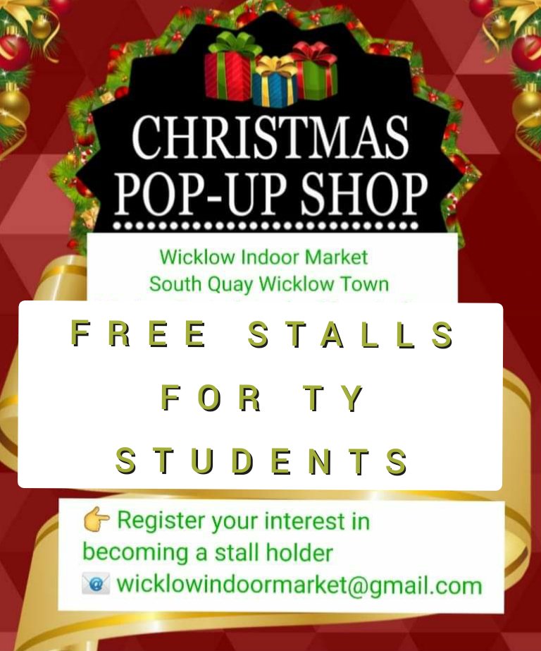 😍 FREE Christmas pop up shop 
For TY Students or young start up business.

😍 This will help gain experience 
&amp; build your confidence to grow

At Wicklow Indoor Market 
South Quay Wicklow Town 

👉 To apply contact
wicklowindoormarket@gmail.com

#WicklowIndoorMarket 💚
#Wicklow